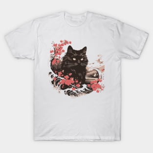 Black cat kanagawa wave T-Shirt